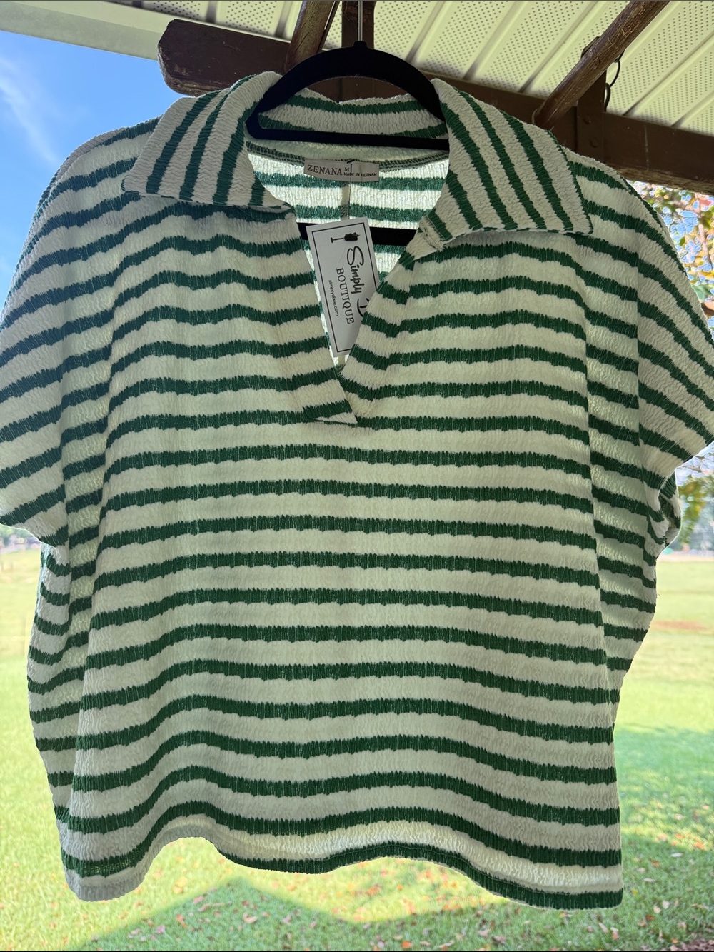 Zenana Outfitters Green and White Striped Short Sleeve Top